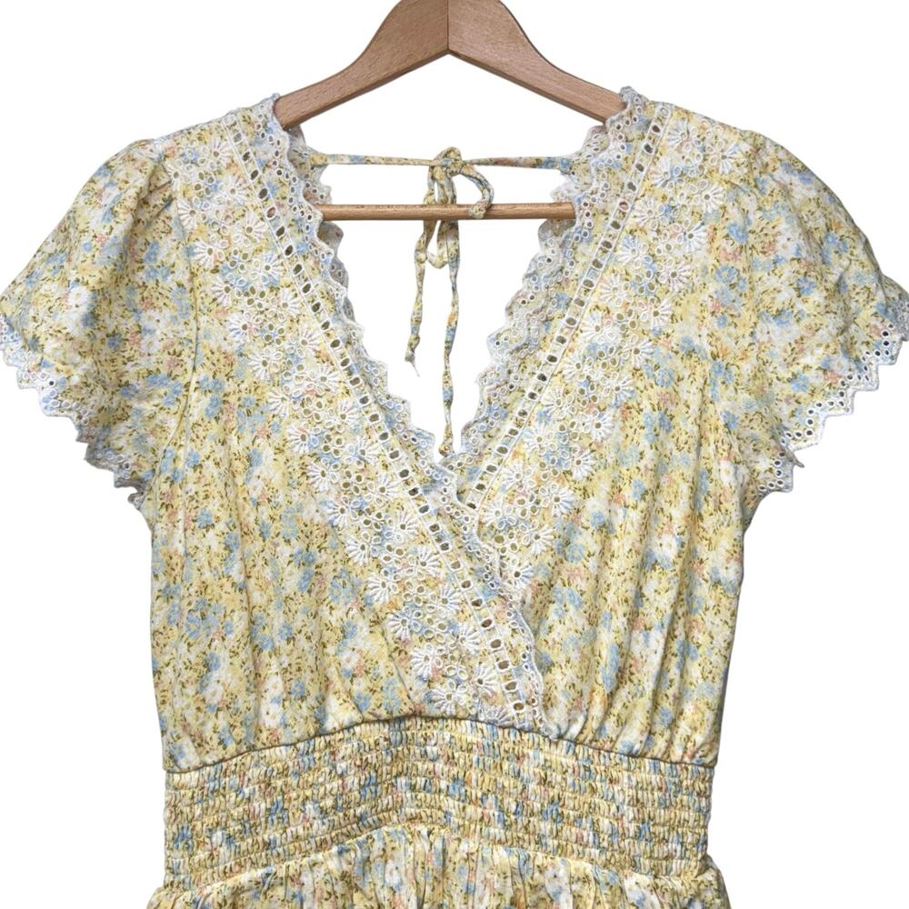 American Eagle Garden Party Wrap Dress Size Small Tiered Yellow Floral Cottage - Picture 3 of 8